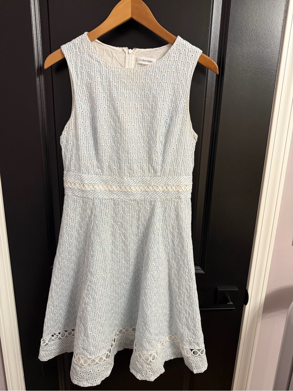 Calvin Klein White and Light Blue Eyelet Striped Dress